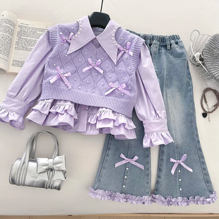 女童洋气针织马甲上衣三件套秋季2025新款女宝宝微喇叭牛仔裤套装