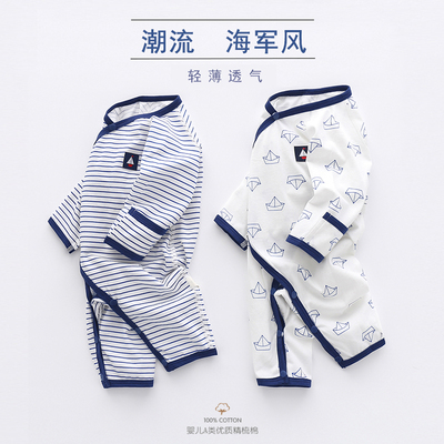 婴儿连体衣夏无骨绑带哈衣海军风