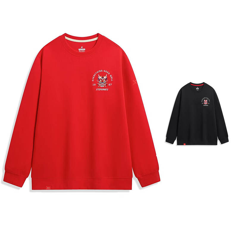 特步新年款套头卫衣男2024春红色圆领针织运动上衣976129 920618