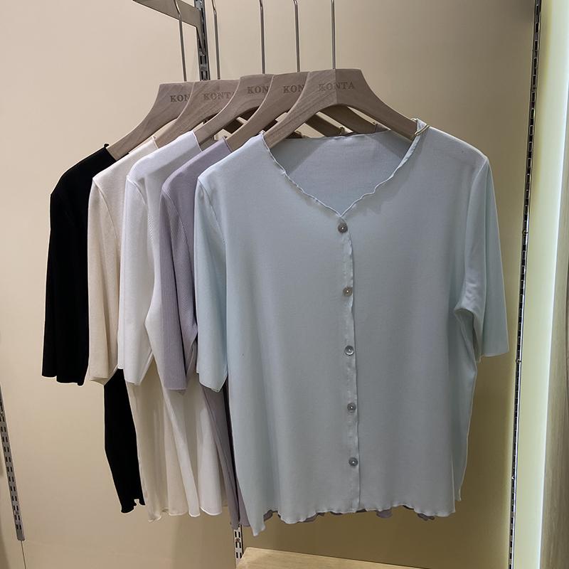 庄泰1018夏季新款女士装木耳边V领中短袖打底衫修身显瘦上衣T恤衫