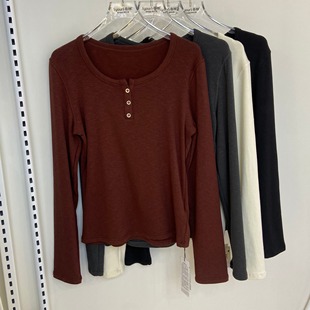 上衣 打底衫 色柚3036秋季 女士圆亨利领纽扣显瘦外穿内搭高级感长袖