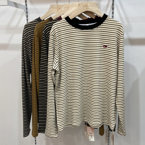 优布客5949秋冬新厚款细条纹宽松加肥大版圆领休闲T恤打底衫卫衣