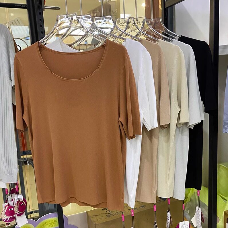 清仓色柚5005夏季新款女方圆领纯色简约针织中短袖背心T恤衫休闲