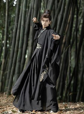 玄青黑色魏晋风绣花仙气套装