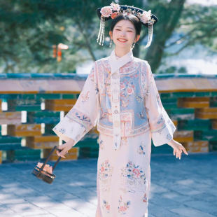 原创汉服女清代印花古装延吉马甲公主服装格格清朝旗装两件套旅拍
