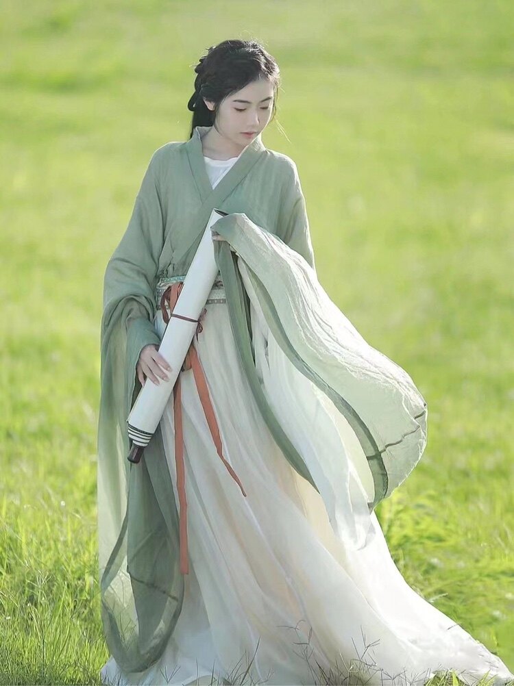 原创2026新款绿色汉服飘逸广袖流仙魏晋制南北朝古装女超仙长裙