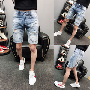夏季潮牌牛仔短裤男百搭5分中裤社会精神小伙五分修身破洞乞丐裤