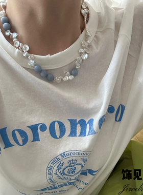 小众度假风蓝色秘鲁石花瓣珍珠项链温柔清新锁骨链不规则高级颈饰