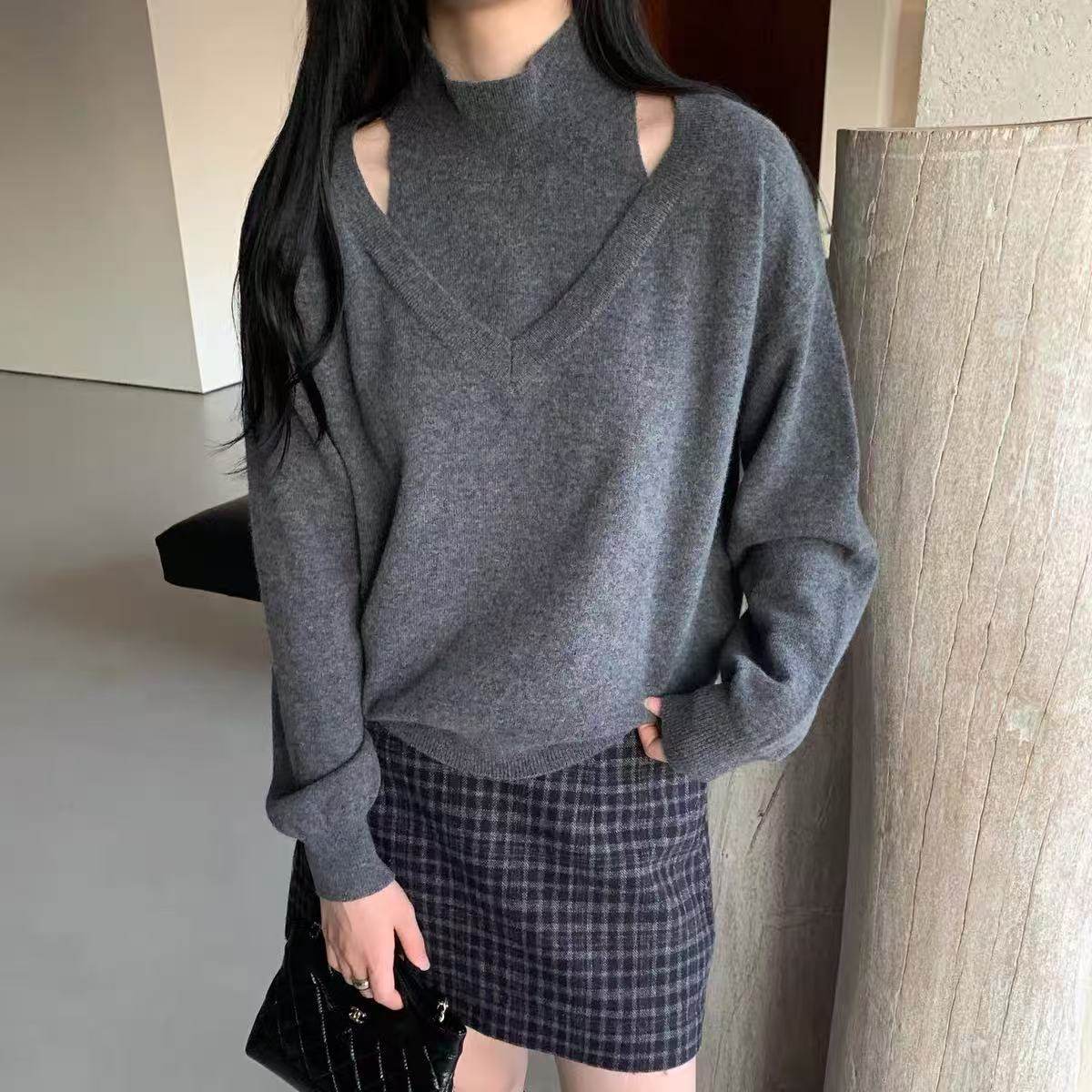 韩版半高领镂空挂脖设计全羊毛针织衫女高级洋气软糯百搭套头毛衣