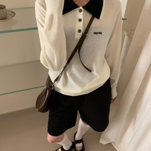 撞色双层领刺绣字母polo衫 欧洲站2025早秋新款 通勤简约女显瘦百搭