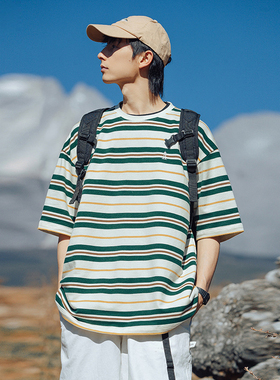 SAMBO 短袖t恤男2025新款港风条纹百搭宽松日系文艺复古穿搭男夏