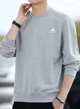 阿迪达斯灰色卫衣男装2025春季新款圆领打底衫宽松男士外套HE4351