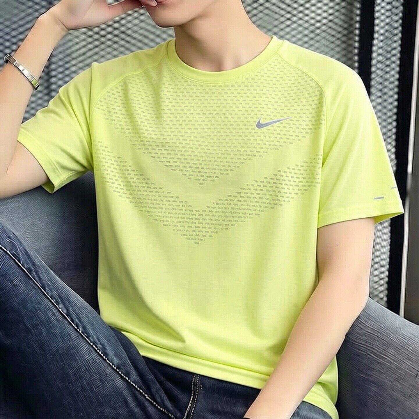 Nike耐克速干跑步短袖薄款黄绿色T恤新款男士健身上衣透气运动服