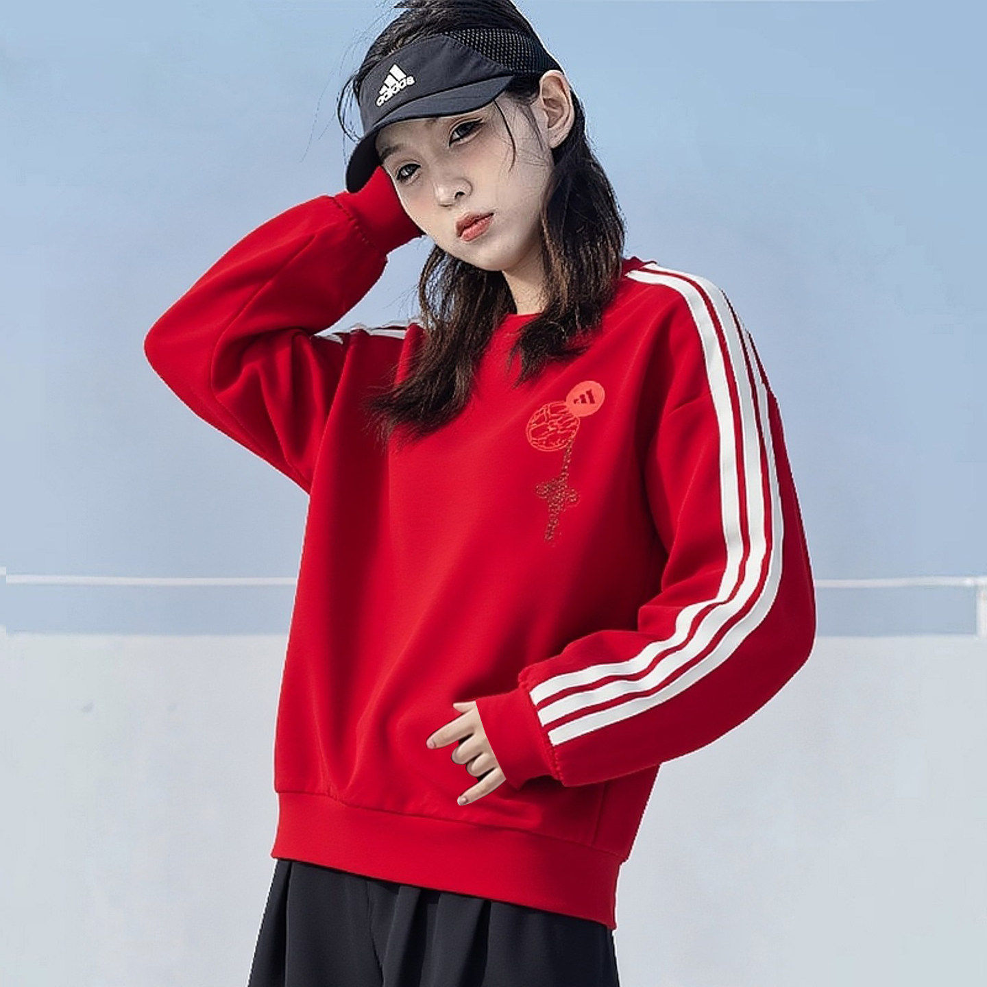 阿迪达斯红色卫衣女春季新年款圆领打底衫运动休闲复古上衣JZ1663