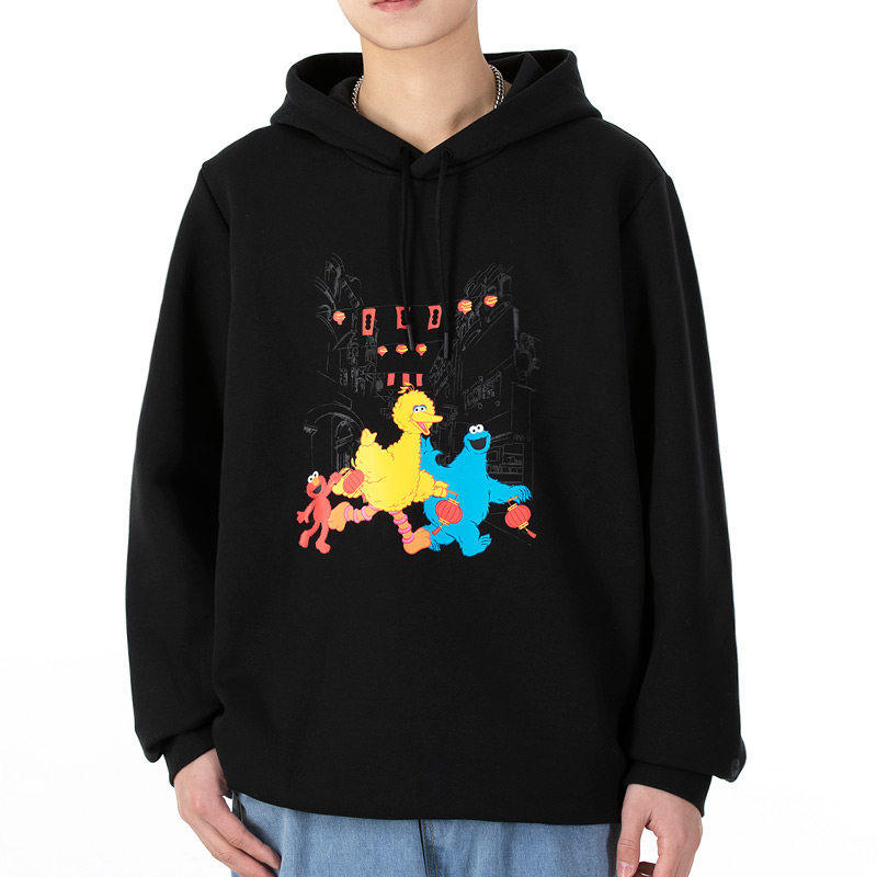 Adidas阿迪达斯卫衣男装正品芝麻街连帽衫黑色宽松套头衫HD7296