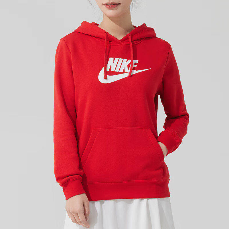NIKE耐克卫衣秋季新款女款红色保暖连帽运动服宽松休闲套头衫上衣