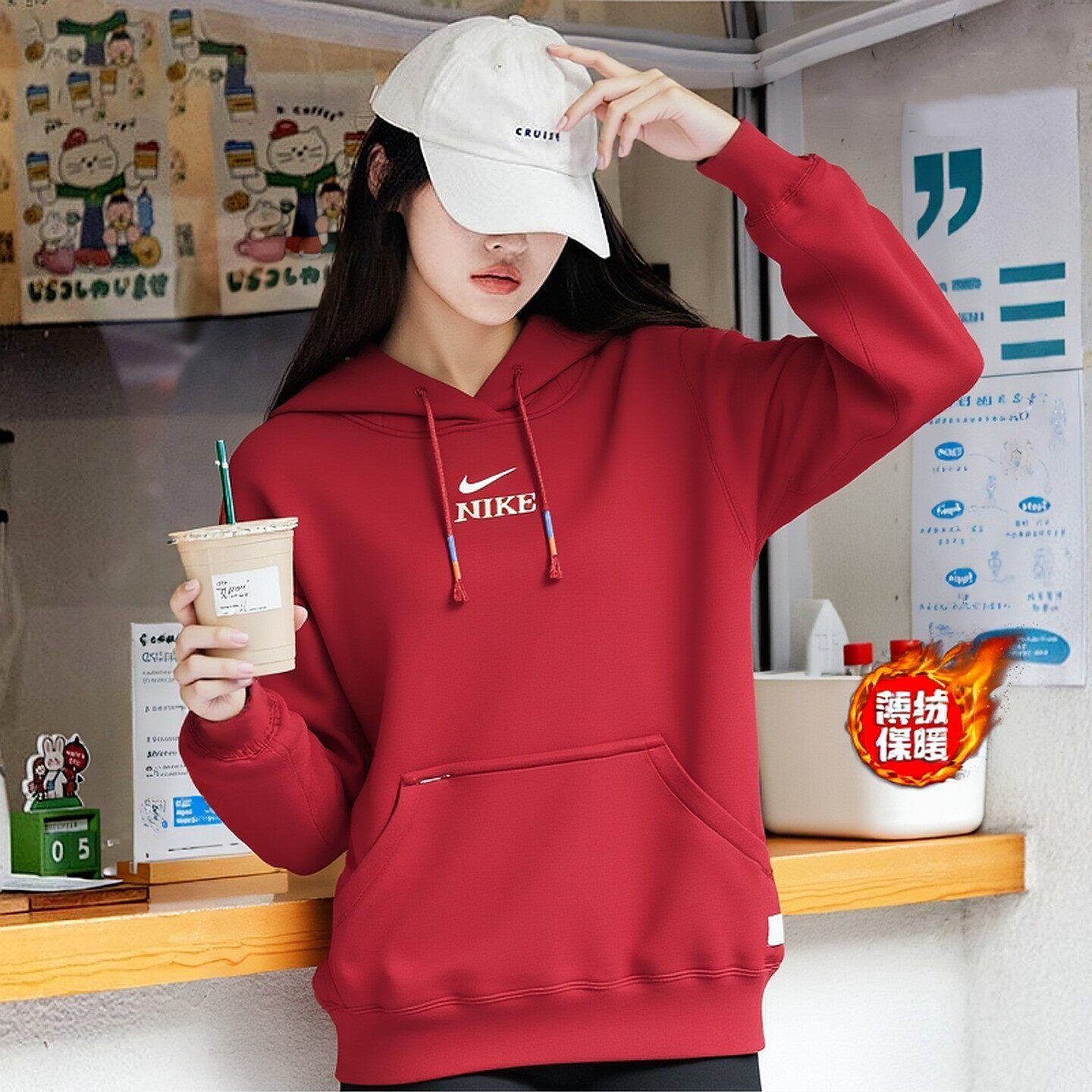 耐克本命年红色连帽卫衣女装厚保暖宽松大码套头衫新年款运动外套