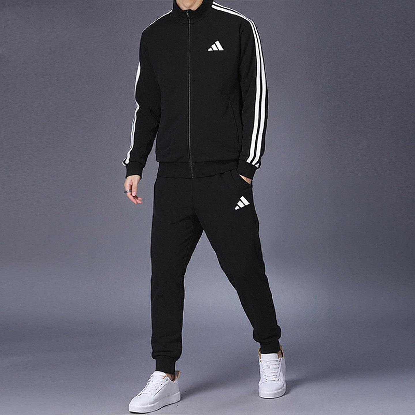 阿迪达斯运动套装男春秋立领外套休闲跑步运动服男士收口小脚长裤