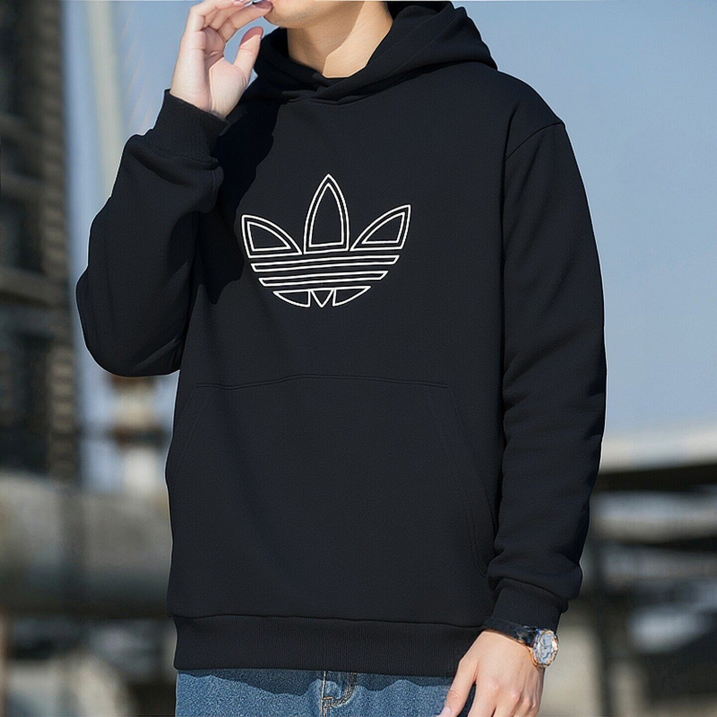 阿迪达斯三叶草卫衣男冬季新款篮球运动服连帽衫纯棉宽松黑色外套