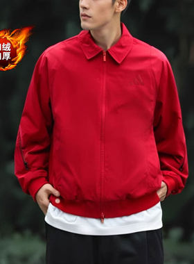 阿迪达斯外套男冬季新年款红色美式夹克翻领男士加绒棒球服JZ4193