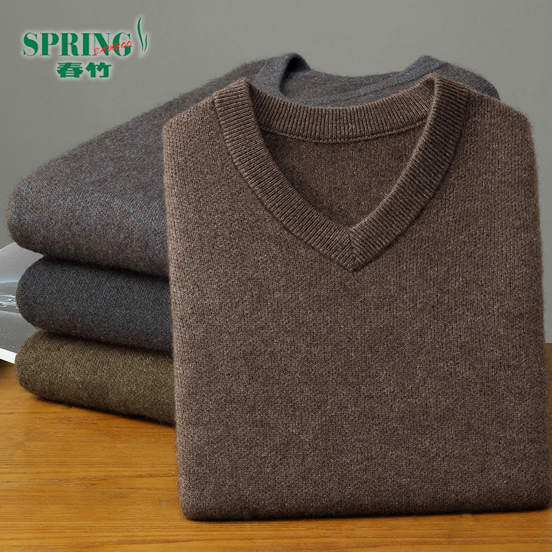 春竹纯色V领加厚100%羊绒衫男