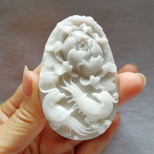 独山玉牡丹花喜鹊挂件手工精雕