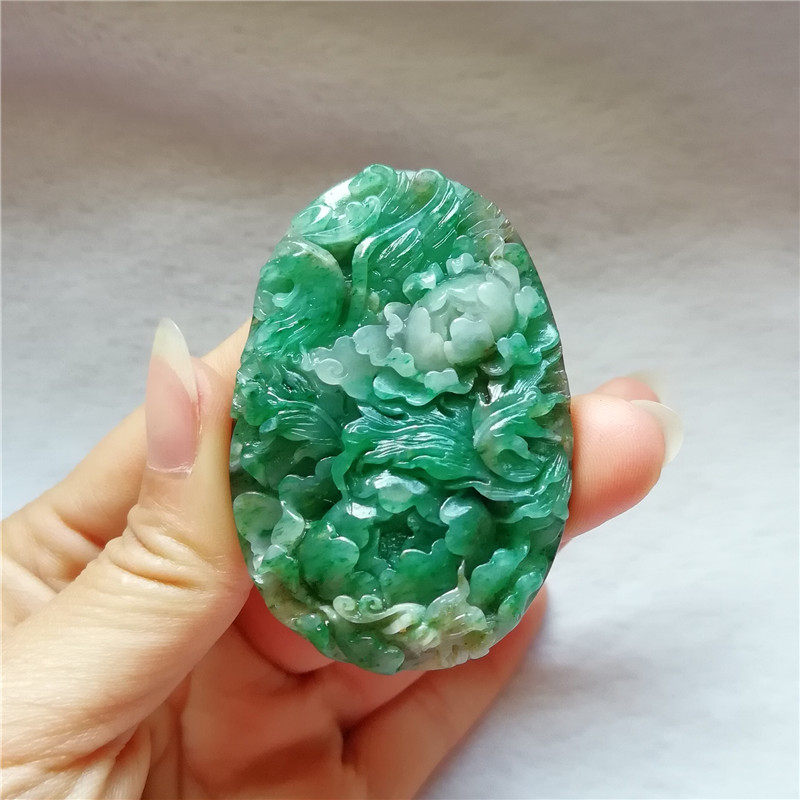 收藏天然南阳独玉吊坠白天蓝独山玉凤凰戏牡丹花玉坠玉佩挂件送证