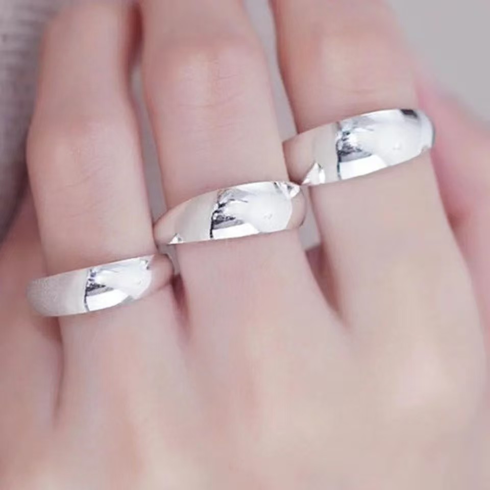 银戒指999纯银光面实心简约足银情侣对戒银戒子指环气质款