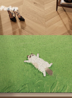 PoPo连盏入户丝圈地垫草地猫咪治愈风玄关防滑除尘客厅简约ins风