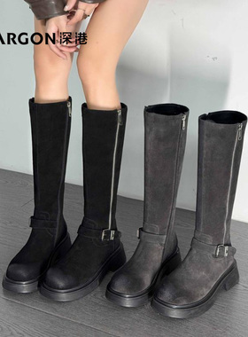 深港专柜2024冬季新品圆头平底休闲百搭女士骑士长靴子H274X89281