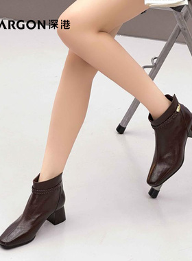 深港专柜2025冬季新气质方头粗高跟舒适百搭女短靴子W1250X89741