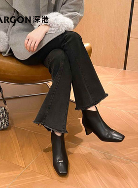 深港专柜2025冬季新品时尚粗高跟方头气质女士短靴子W1342X89792