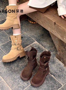 深港专柜2025冬季新品圆头粗跟休闲百搭女士马丁短靴W1082X89722