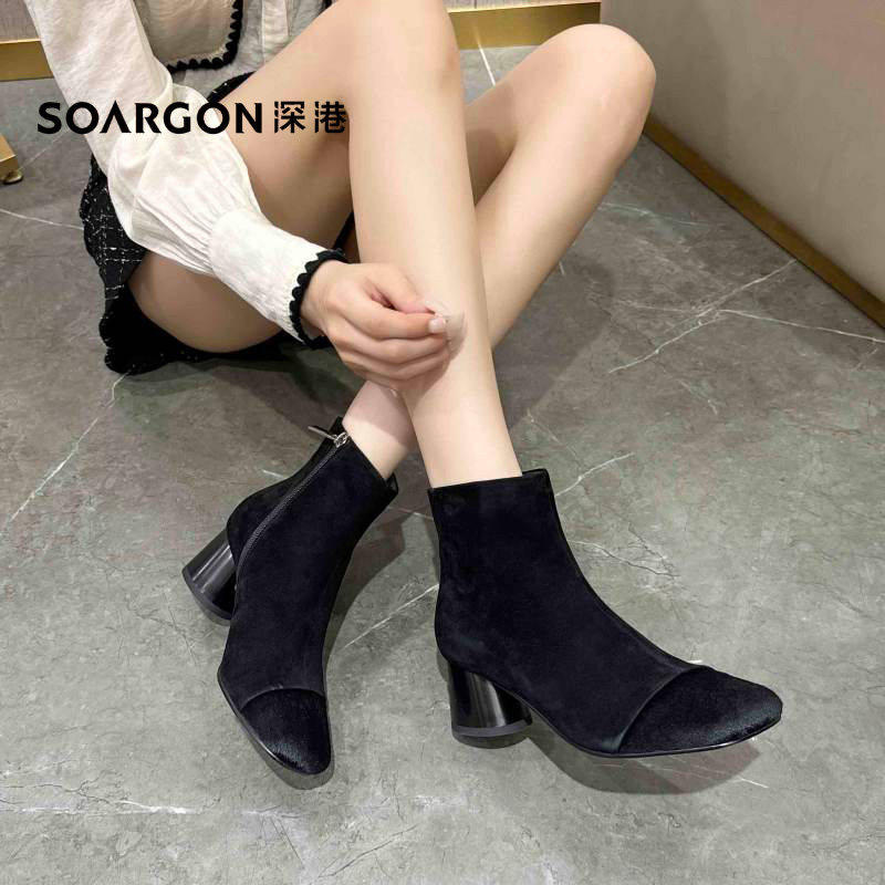 深港专柜2025冬季新品黑色粗高跟气质百搭女士短靴子W588X89707