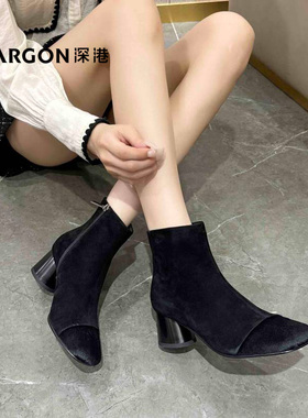 深港专柜2025冬季新品黑色粗高跟气质百搭女士短靴子W588X89707
