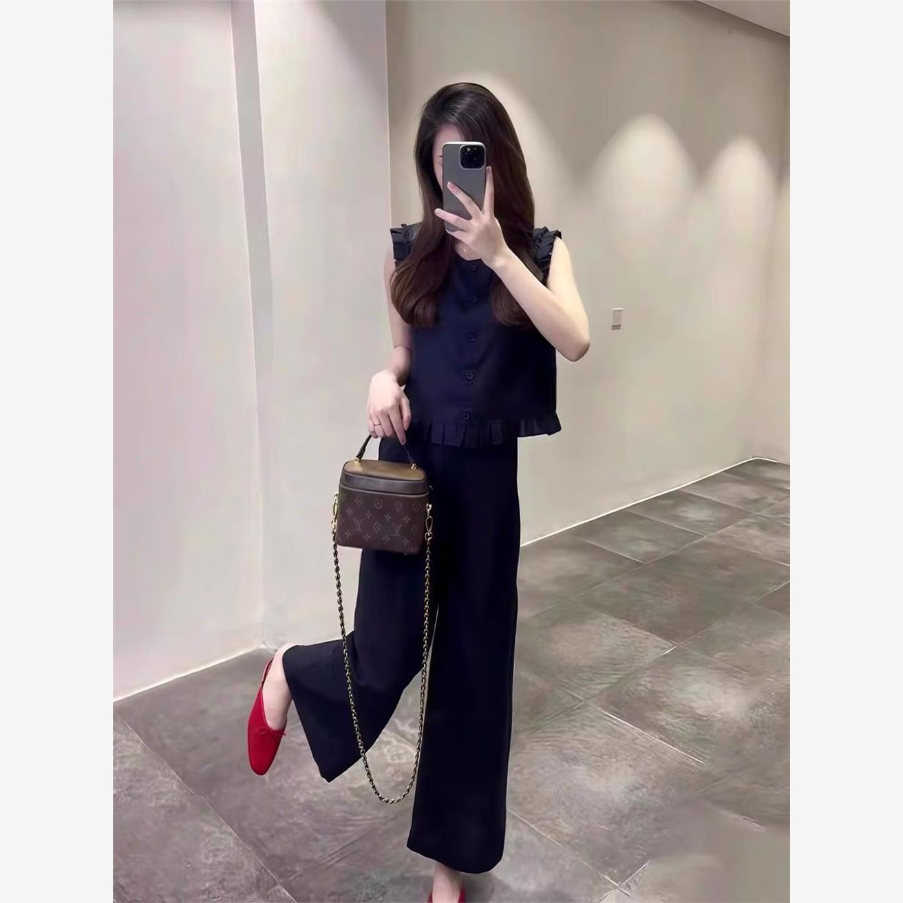 时尚2025夏季小个子新款洋气花边无袖上衣阔腿裤马甲套装两件套女