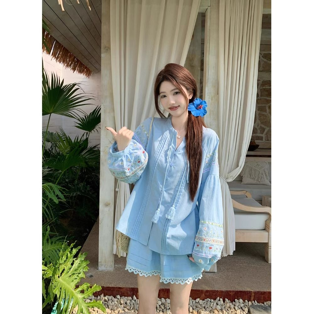 甜美套装花朵刺绣长袖衬衫女夏季高腰花边半身裙A字裙法式两件套