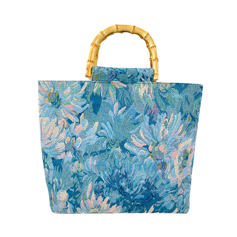 2024春季新品国风刺绣竹节把手优雅女士手提托特包莫奈花园帆布包