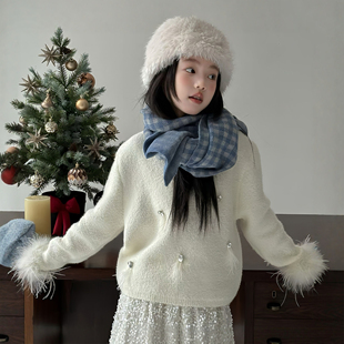 女童冬装法式千金风白色毛绒袖套头毛衣儿童秋冬保暖针织衫高级感