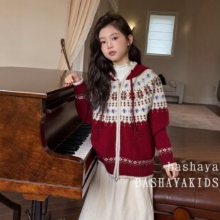 女童毛衣开衫2025新款冬季儿童费尔岛毛线衣女孩红色针织衫外套冬