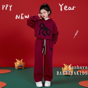 女童加绒卫衣套装儿童冬季新年本命年红色连帽运动两件套大童女装