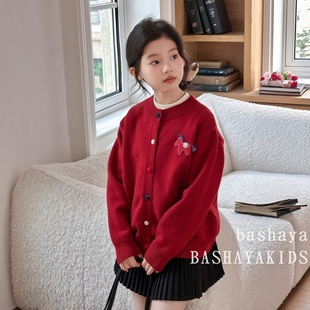 毛衣女童冬装外套2025新款今年流行爆款衣服儿童红色拜年服针织衫