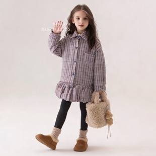 童装女童格子衬衫裙大童女装冬季洋气加厚棉服女孩连衣裙外套冬装