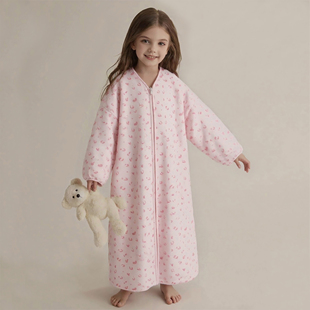 睡衣女童2025新款儿童法式田园风拉链长款睡袍大童碎花宽松家居服
