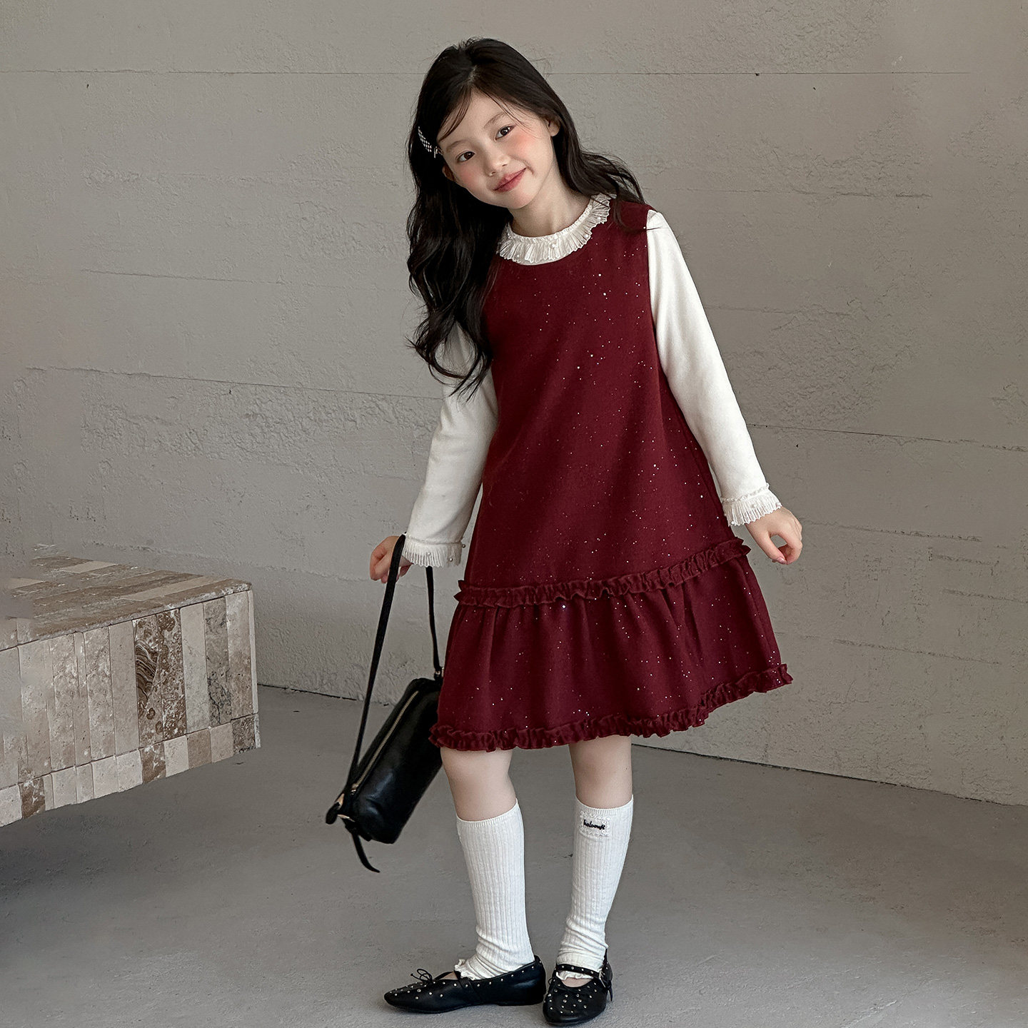 年服女童红色背心裙秋冬新款洋气两件套儿童中长裙加绒公主连衣裙