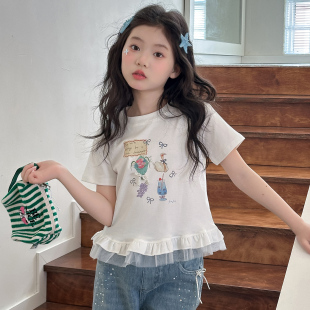 2026夏季新款衣服卡通印花短袖T恤女白色荷叶边下摆减龄宽松上衣7