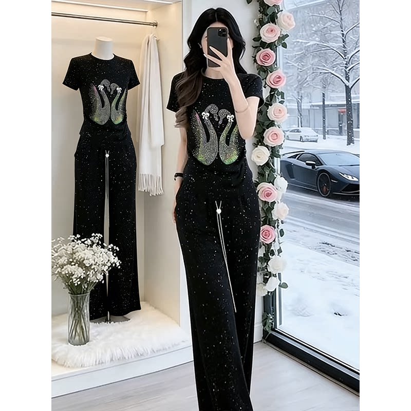 高级感烫钻套装女夏季时尚洋气显瘦短袖阔腿裤两件套