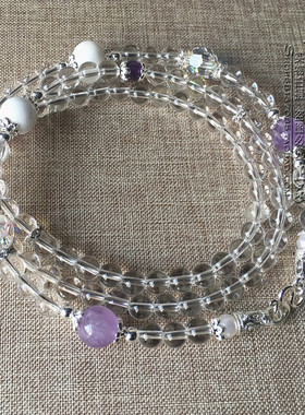 天然白水晶浅紫玉髓毛衣项链银色泰国佛牌挂链可订做其他款式