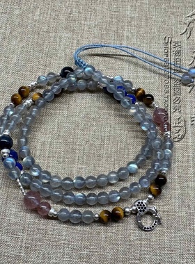 天然月光石青金石虎眼石唐卡挂链民族风毛衣项链S925纯琅佛牌挂链