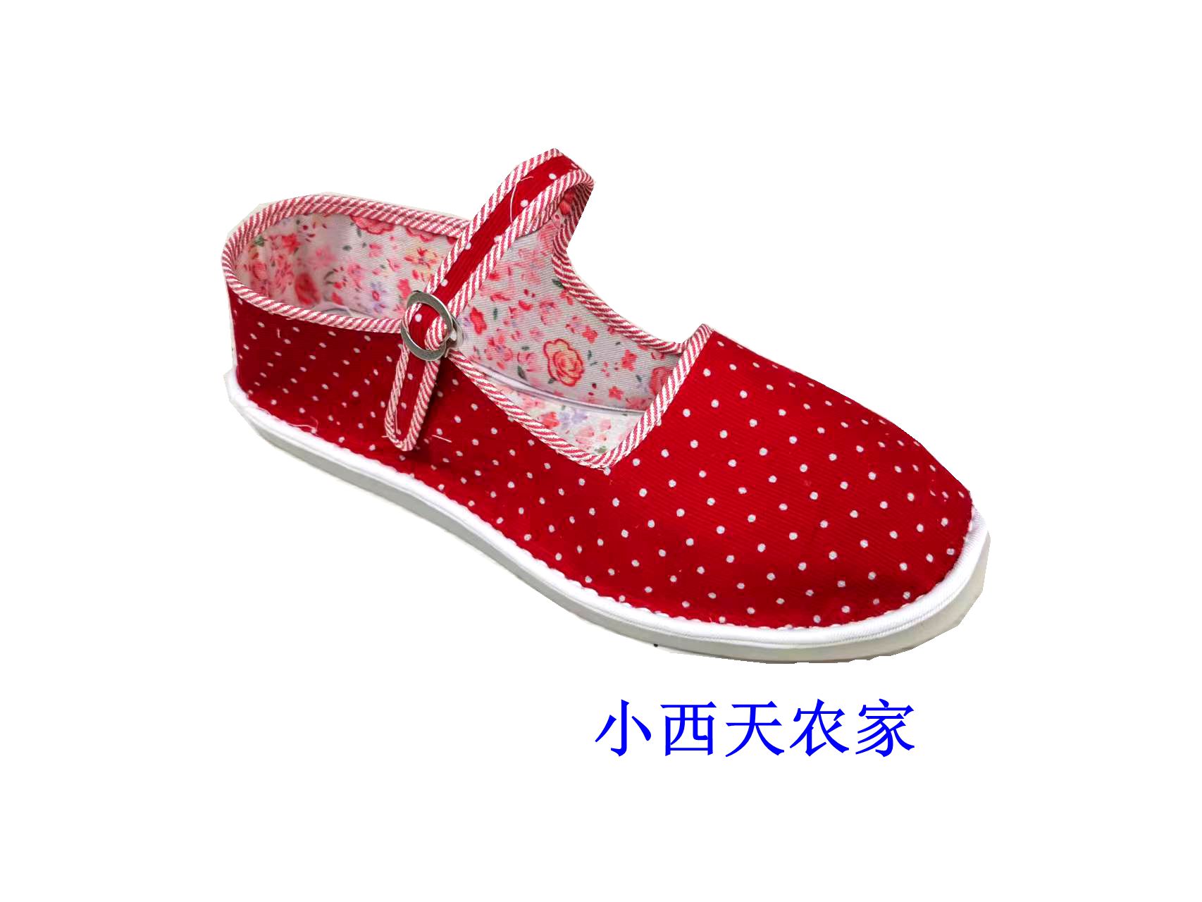 手工扣带女布鞋红条绒白点低帮单鞋居家鞋平跟休闲舒适透气包邮